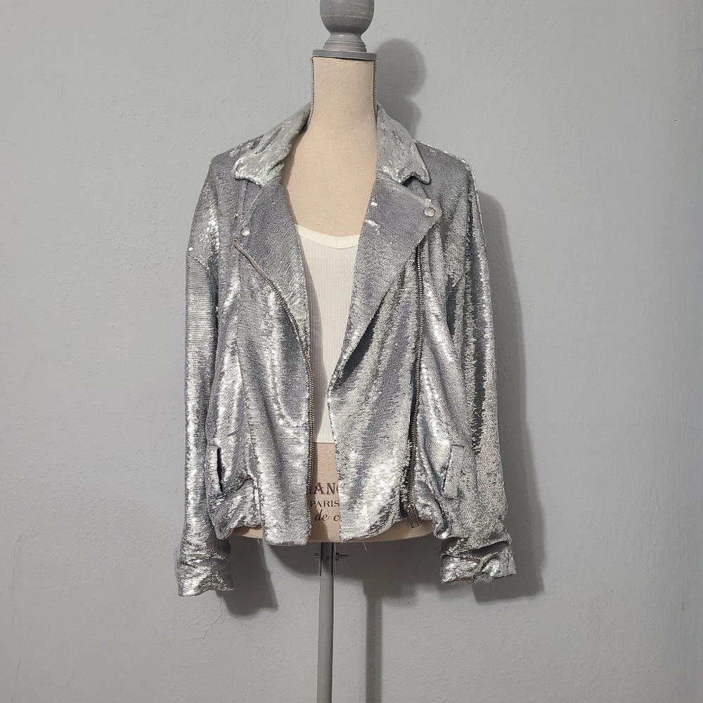 IRO Silver Sequin Oliv Jacket Moto‎ Style Size 38